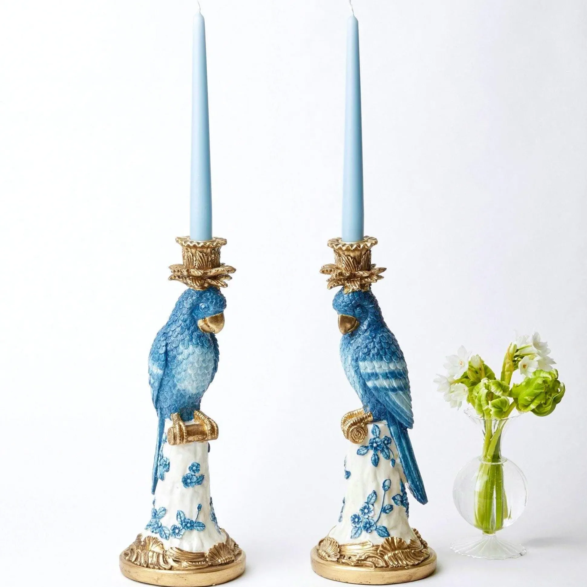 Blue & White Parrot Candle Holder (Pair)