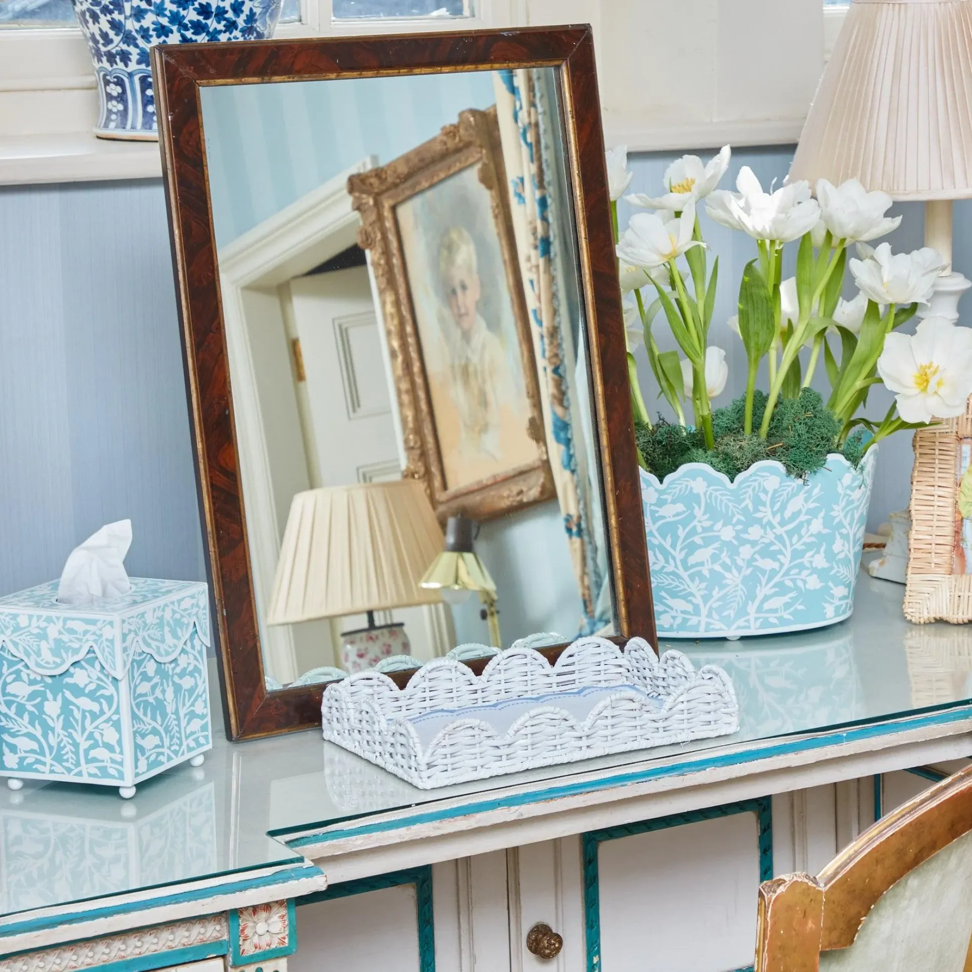 Blue Floral Tole Scalloped Planter