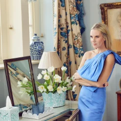 Blue Floral Tole Scalloped Planter