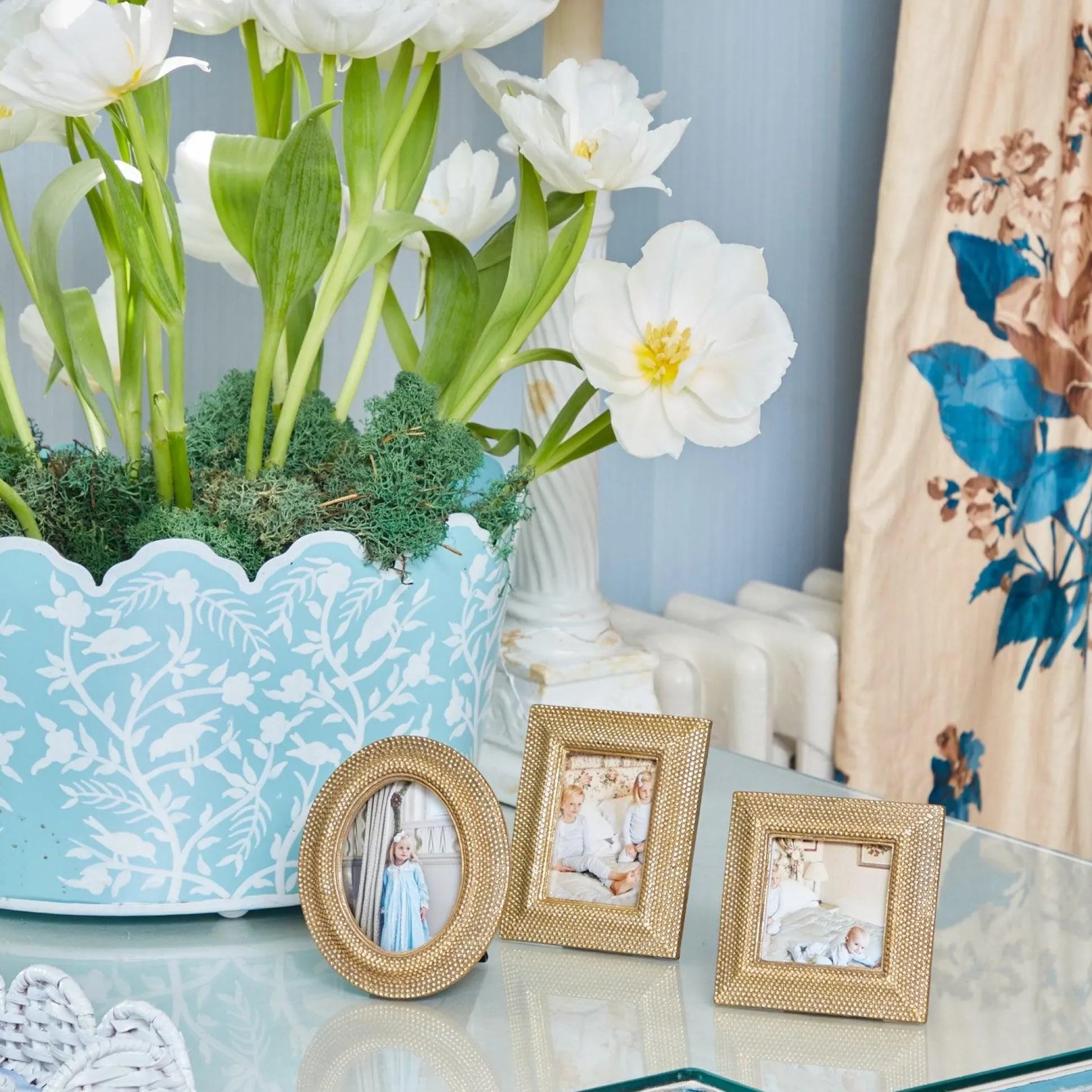 Blue Floral Tole Scalloped Planter