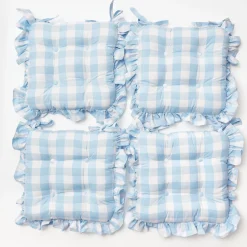 Blue Gingham Ruffle Seat Pad Cushion (Set Of 4)