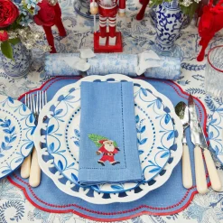 Blue Hand Embroidered Father Christmas Napkins (Set Of 4)