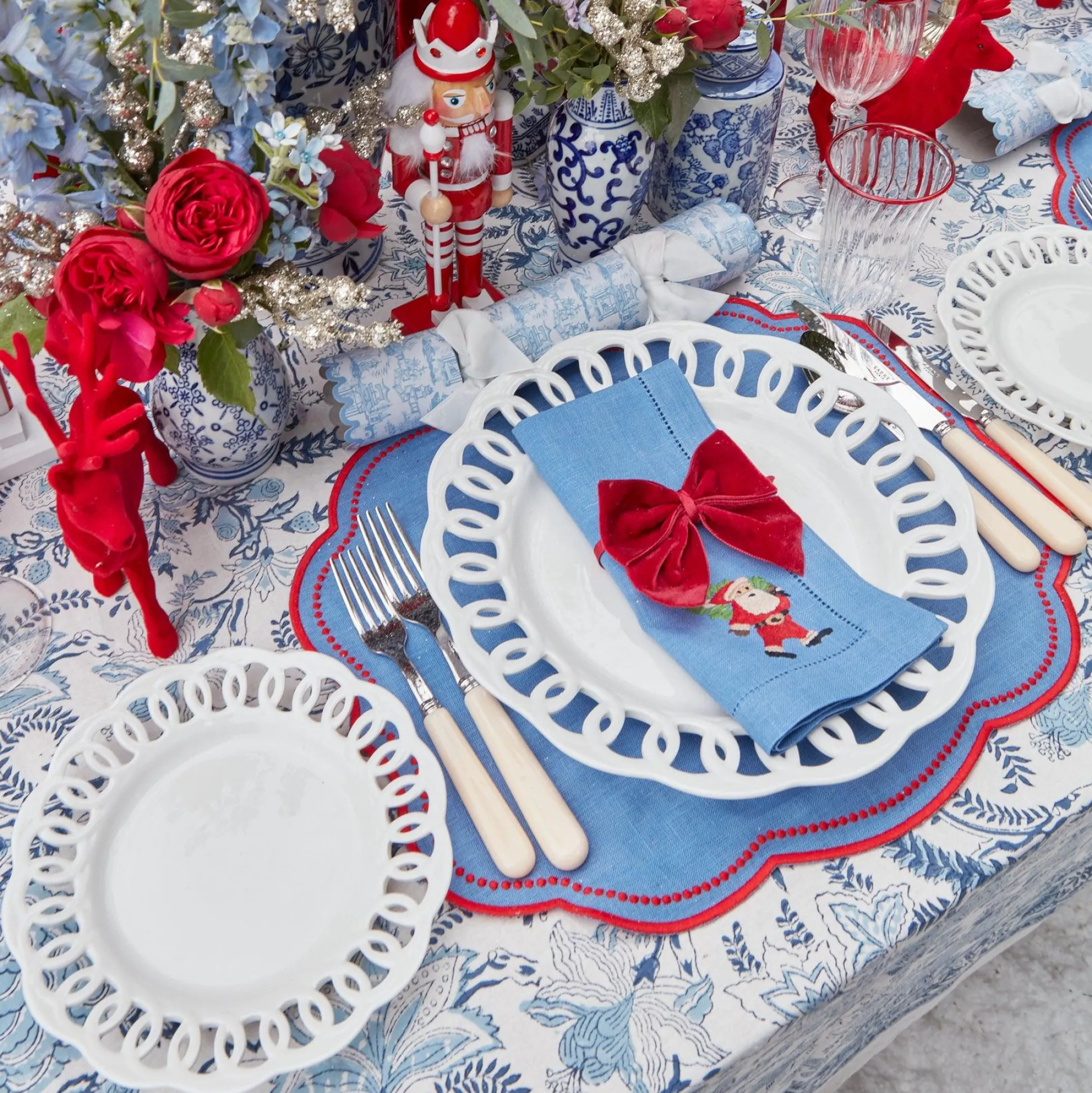 Blue Hand Embroidered Father Christmas Napkins (Set Of 4)