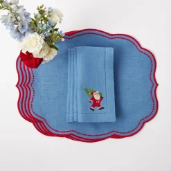 Blue Hand Embroidered Father Christmas Napkins (Set Of 4)