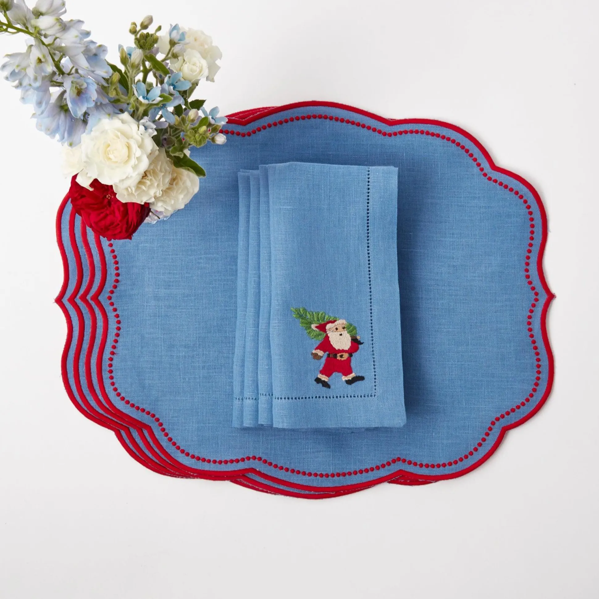 Blue Hand Embroidered Father Christmas Napkins (Set Of 4)