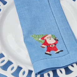 Blue Hand Embroidered Father Christmas Napkins (Set Of 4)