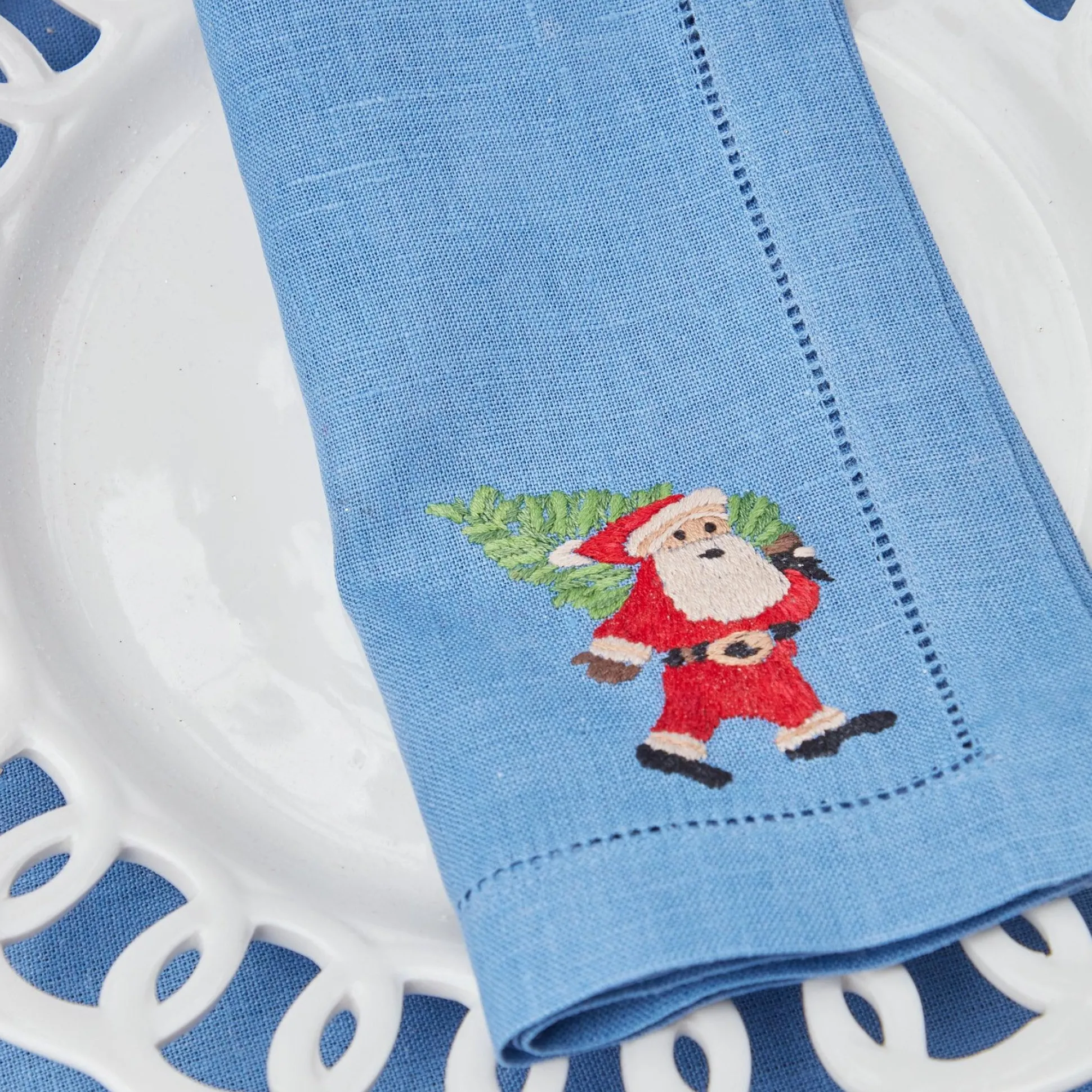 Blue Hand Embroidered Father Christmas Napkins (Set Of 4)