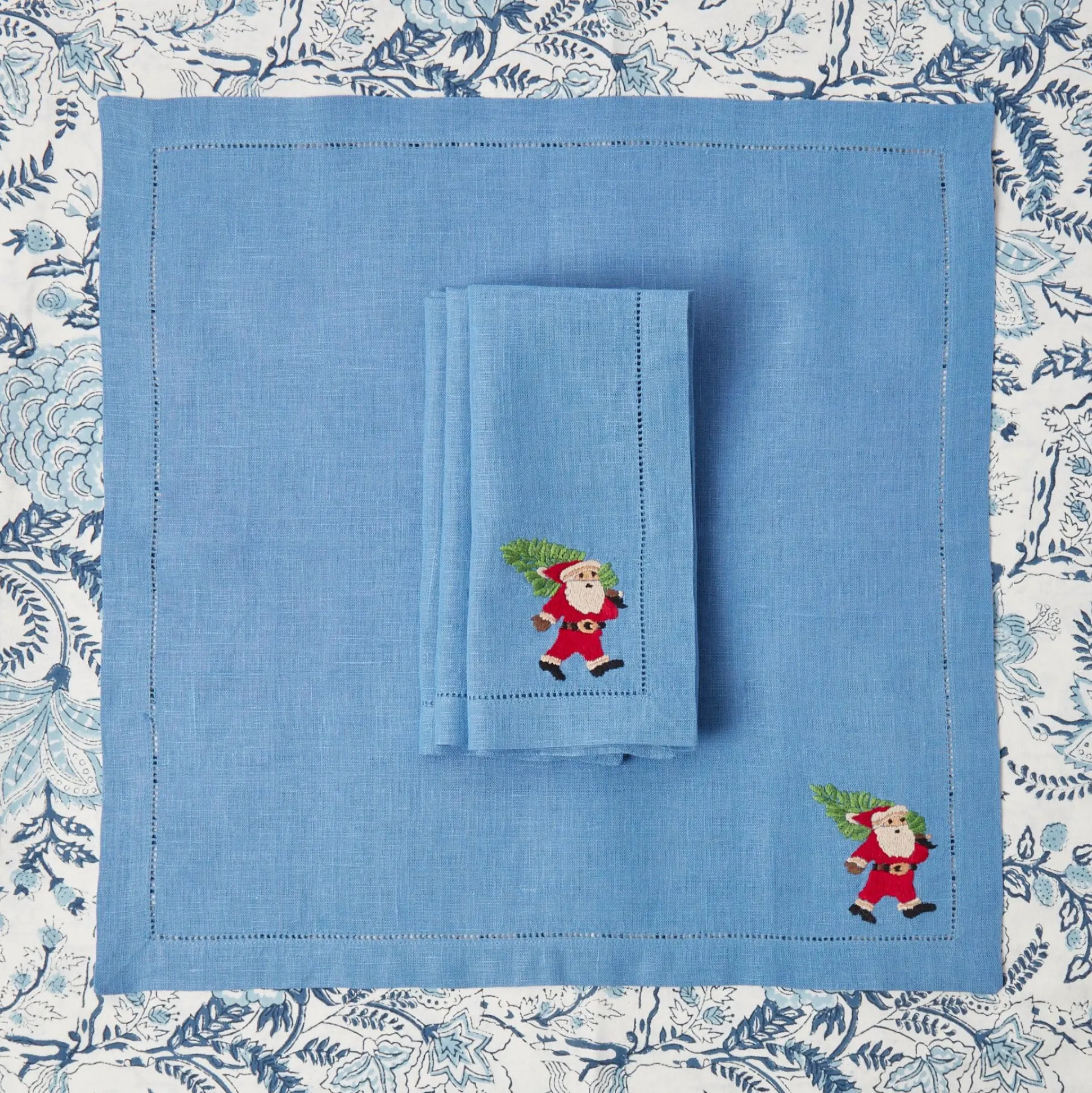 Blue Hand Embroidered Father Christmas Napkins (Set Of 4)