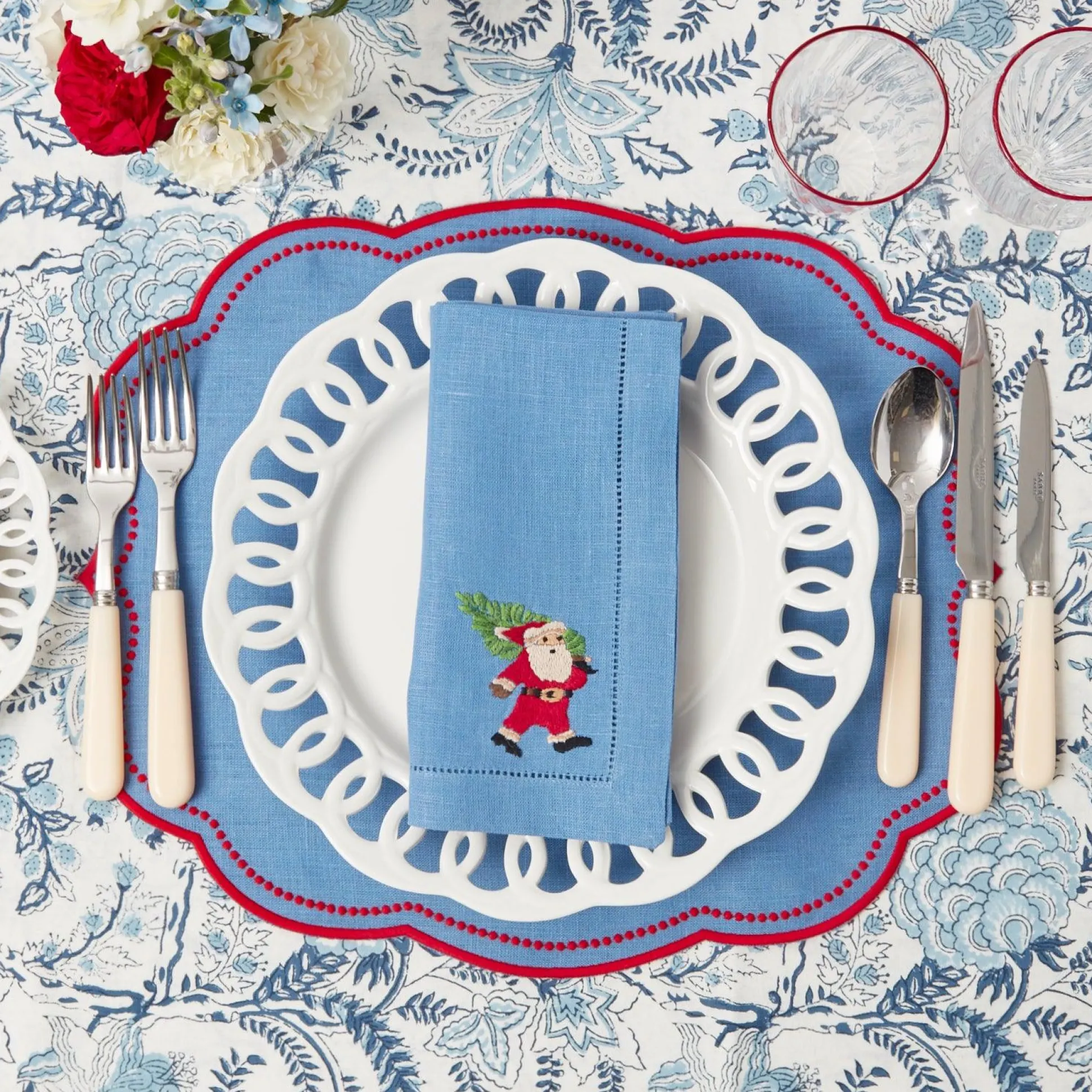 Blue Hand Embroidered Father Christmas Napkins (Set Of 4)