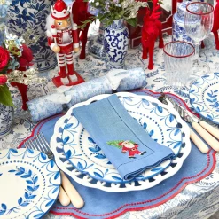 Blue Hand Embroidered Father Christmas Napkins (Set Of 4)
