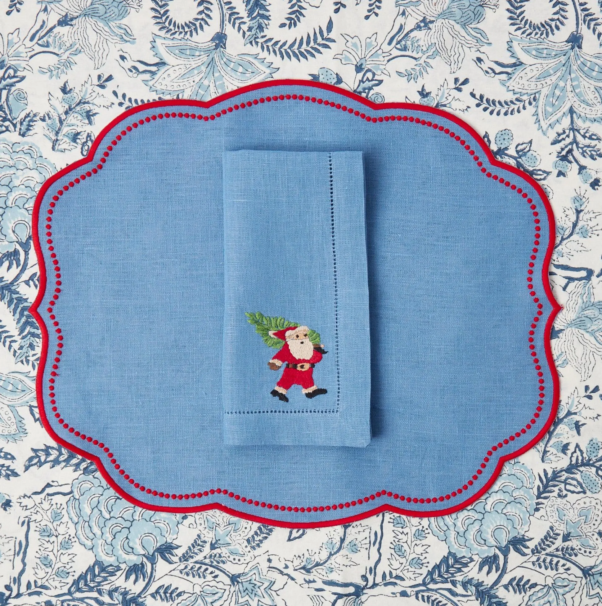 Blue Hand Embroidered Father Christmas Napkins (Set Of 4)