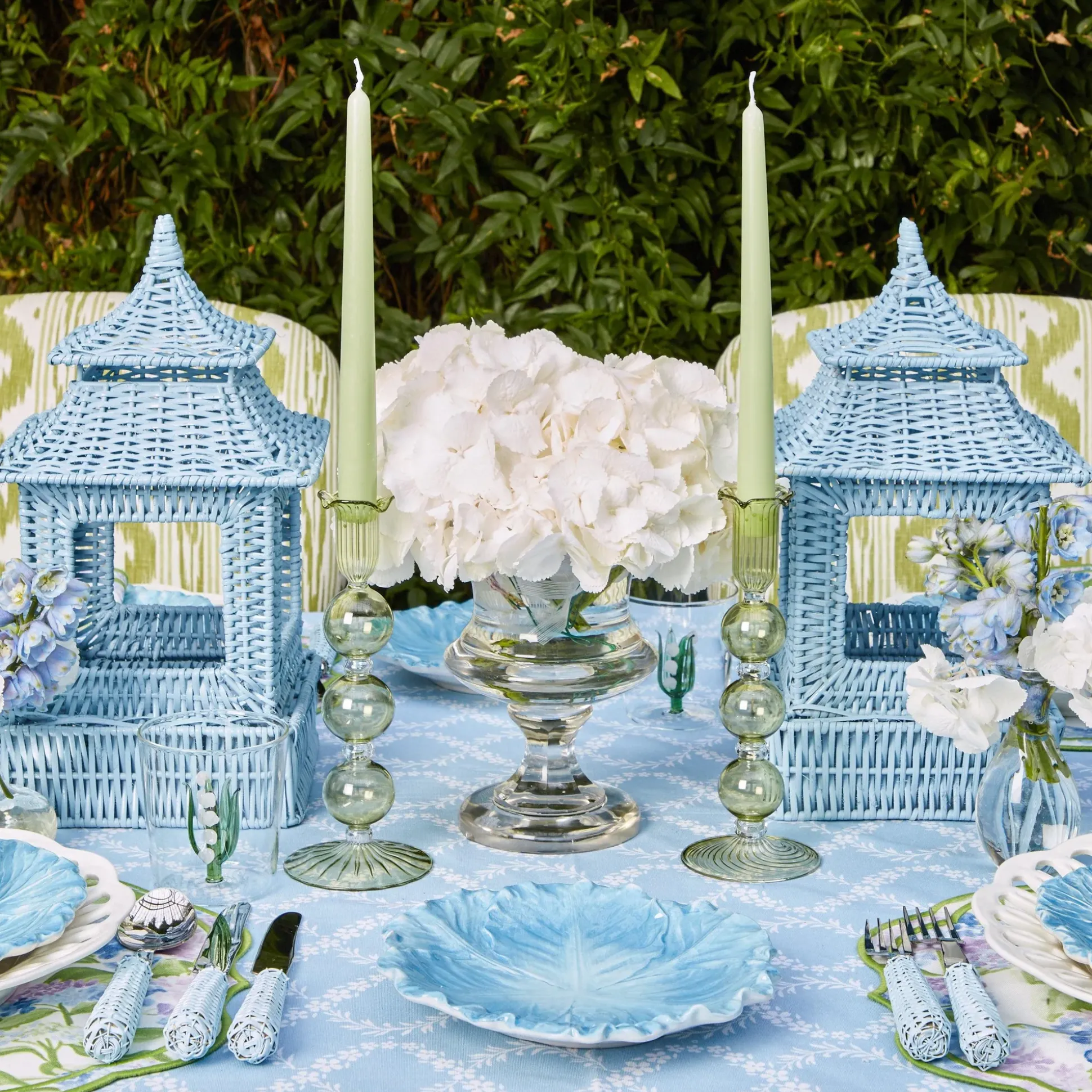 Blue Rattan Pagoda Lantern Set
