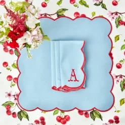 Blue With Red Scallop Placemats & Napkins (Set Of 4)