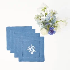 Coral Blue Linen Cocktail Napkins (Set Of 4)