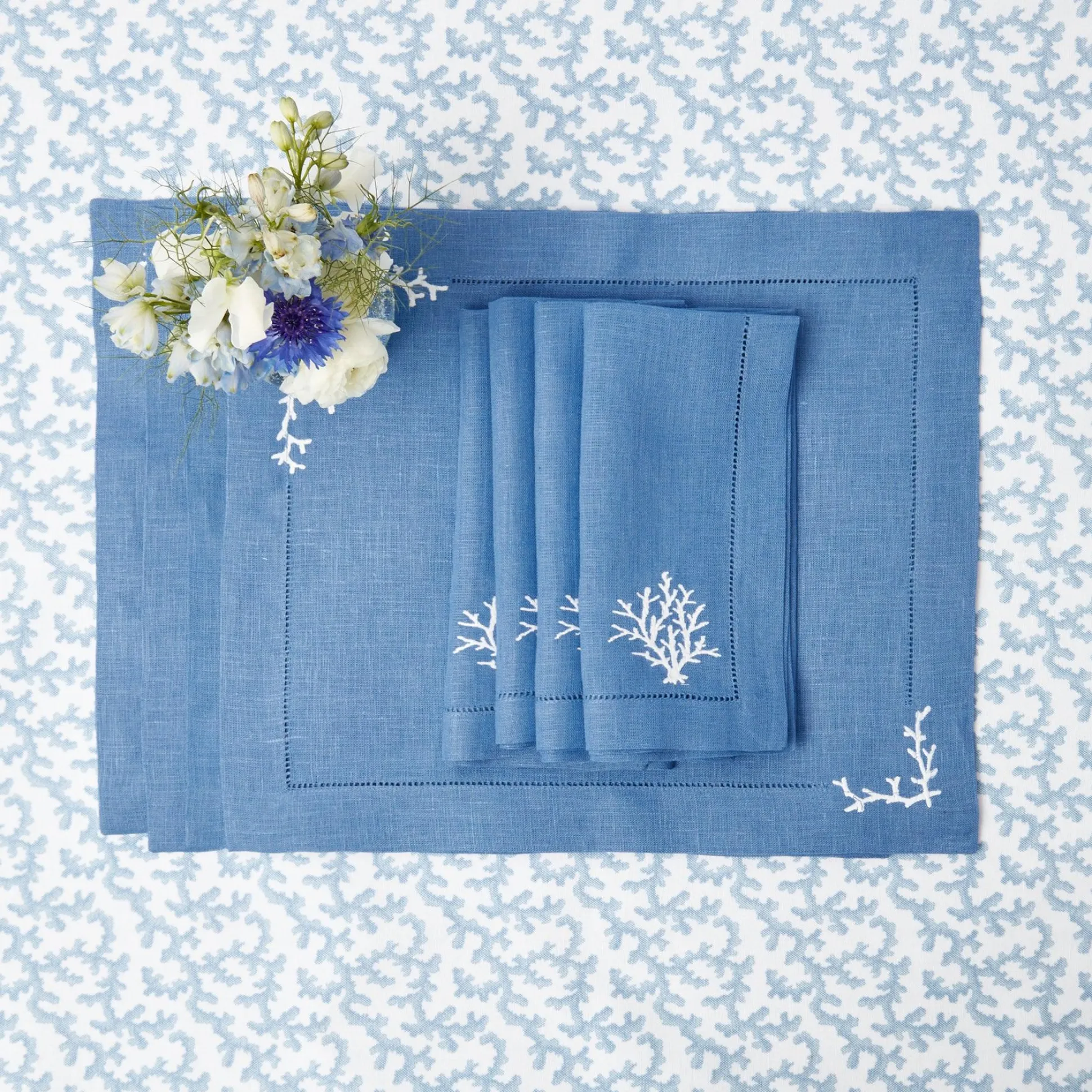 Coral Blue Linen Placemats & Napkins (Set Of 4)