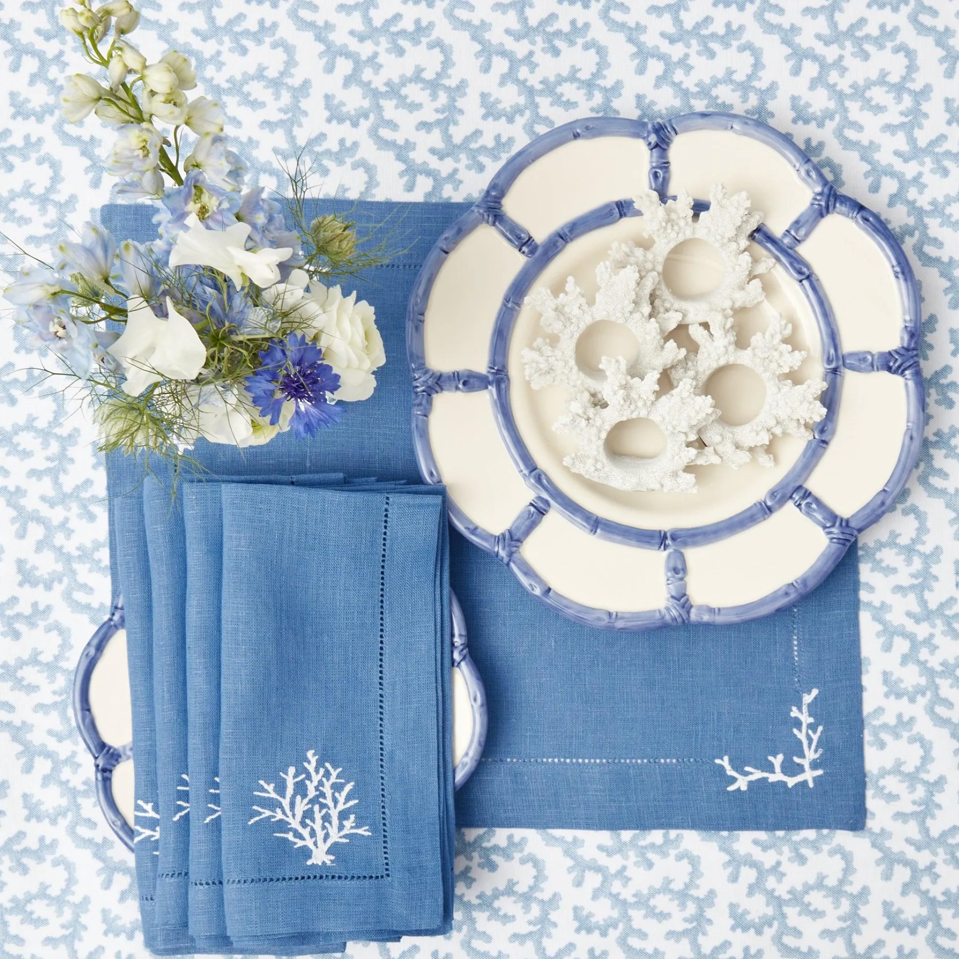 Coral Blue Linen Placemats & Napkins (Set Of 4)