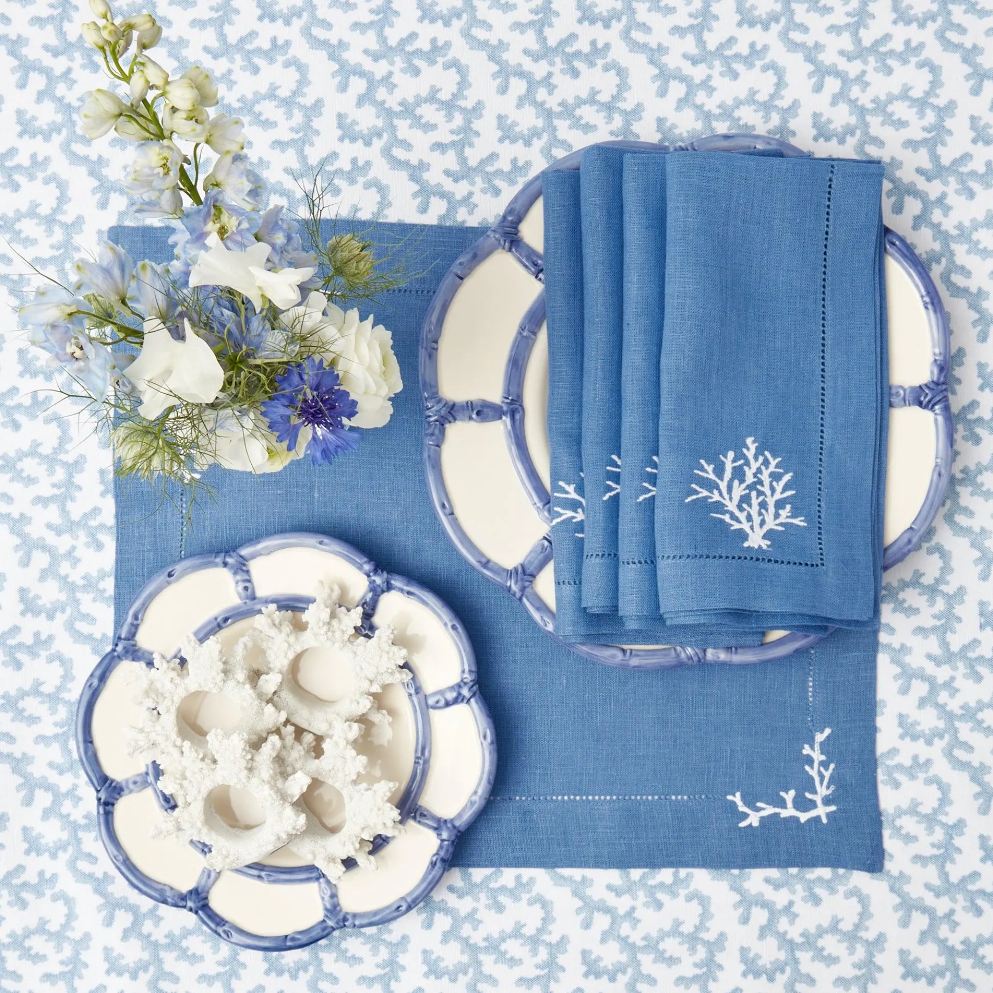 Coral Blue Linen Placemats & Napkins (Set Of 4)