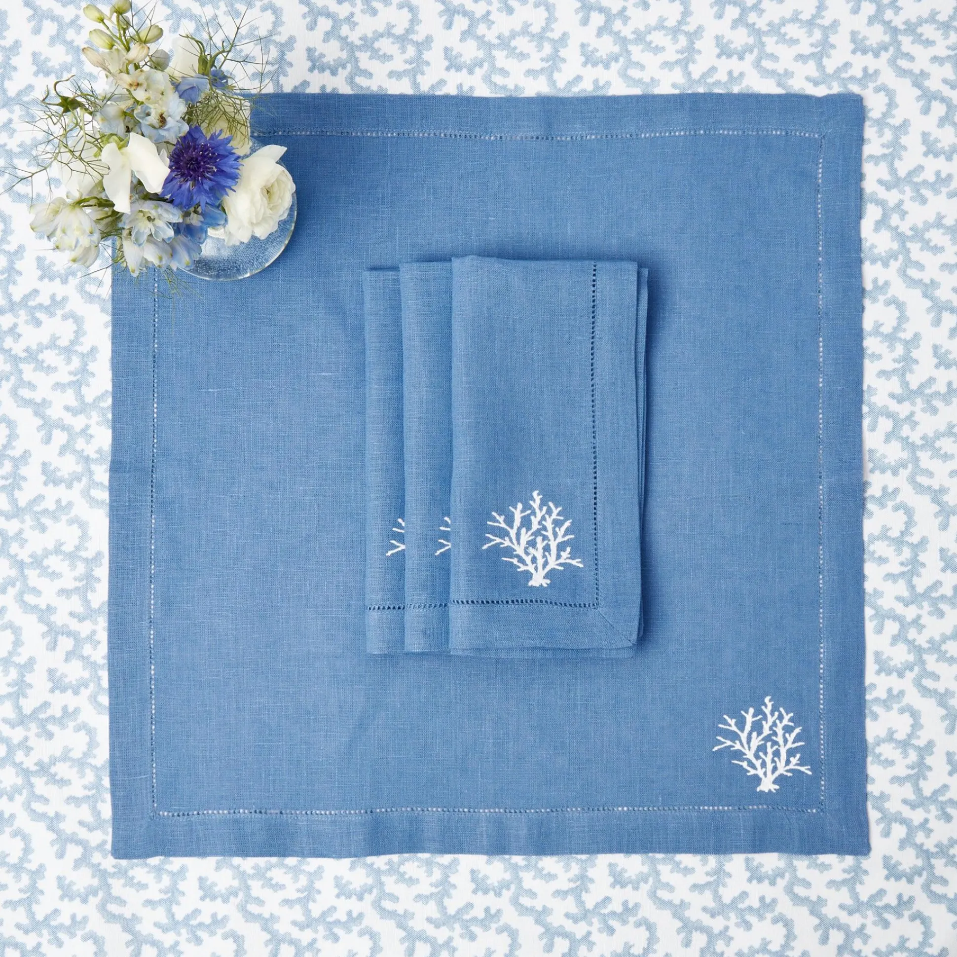 Coral Blue Linen Placemats & Napkins (Set Of 4)