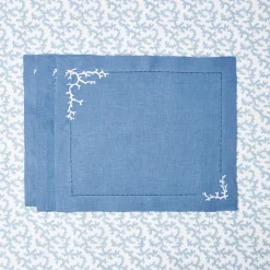 Coral Blue Linen Placemats & Napkins (Set Of 4)