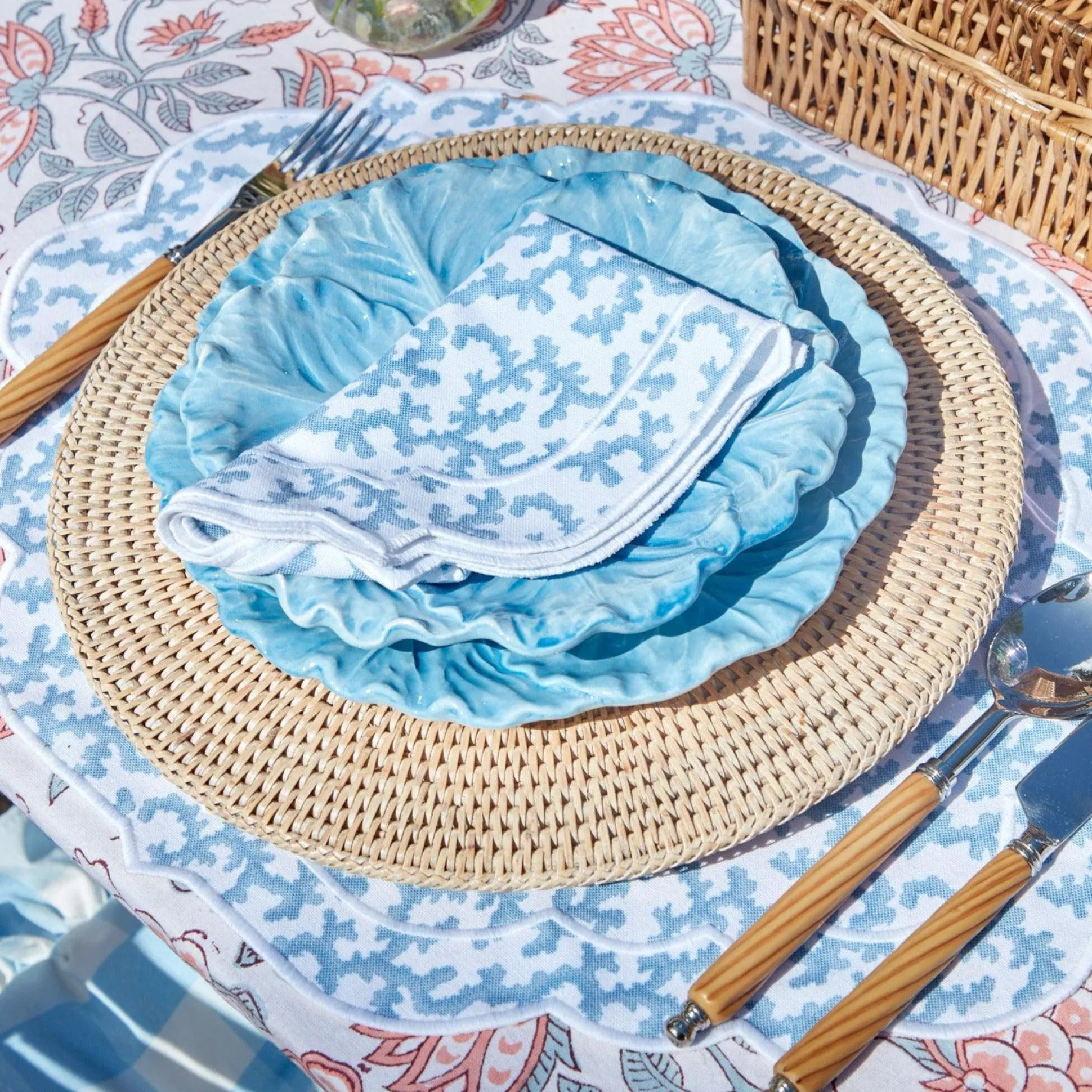 Edie Blue Coral Placemats & Napkins (Set Of 4)