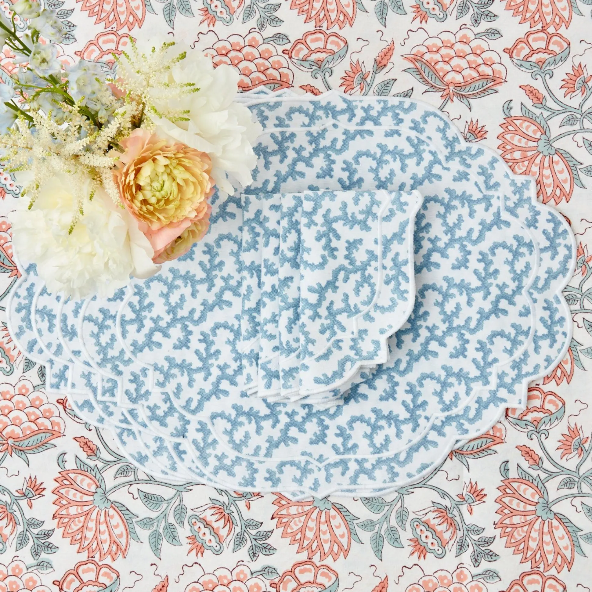 Edie Blue Coral Placemats & Napkins (Set Of 4)