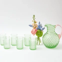 Emerald Hobnail Jug With Rose Handle & Glasses (Set Of 6)