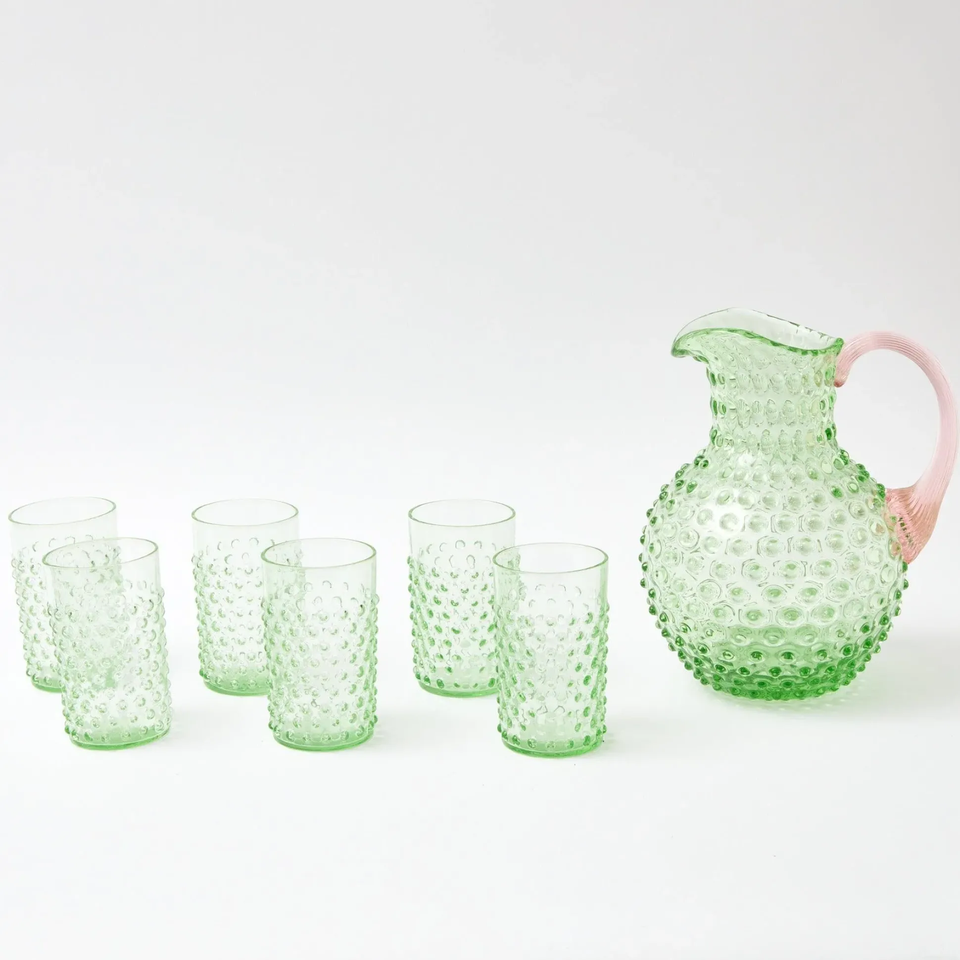 Emerald Hobnail Jug With Rose Handle & Glasses (Set Of 6)