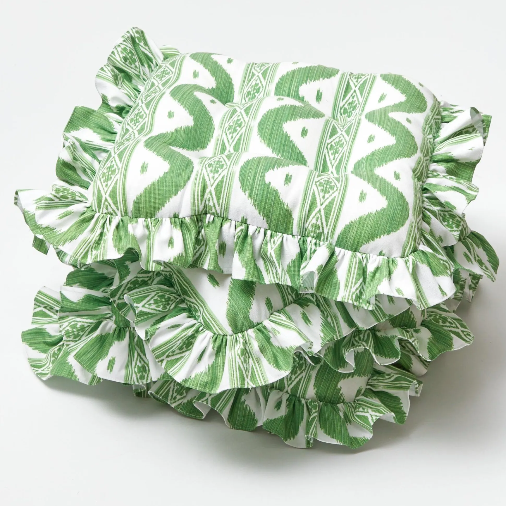 Frilled Green Ikat Seat Pad Cushion (Set Of 4)