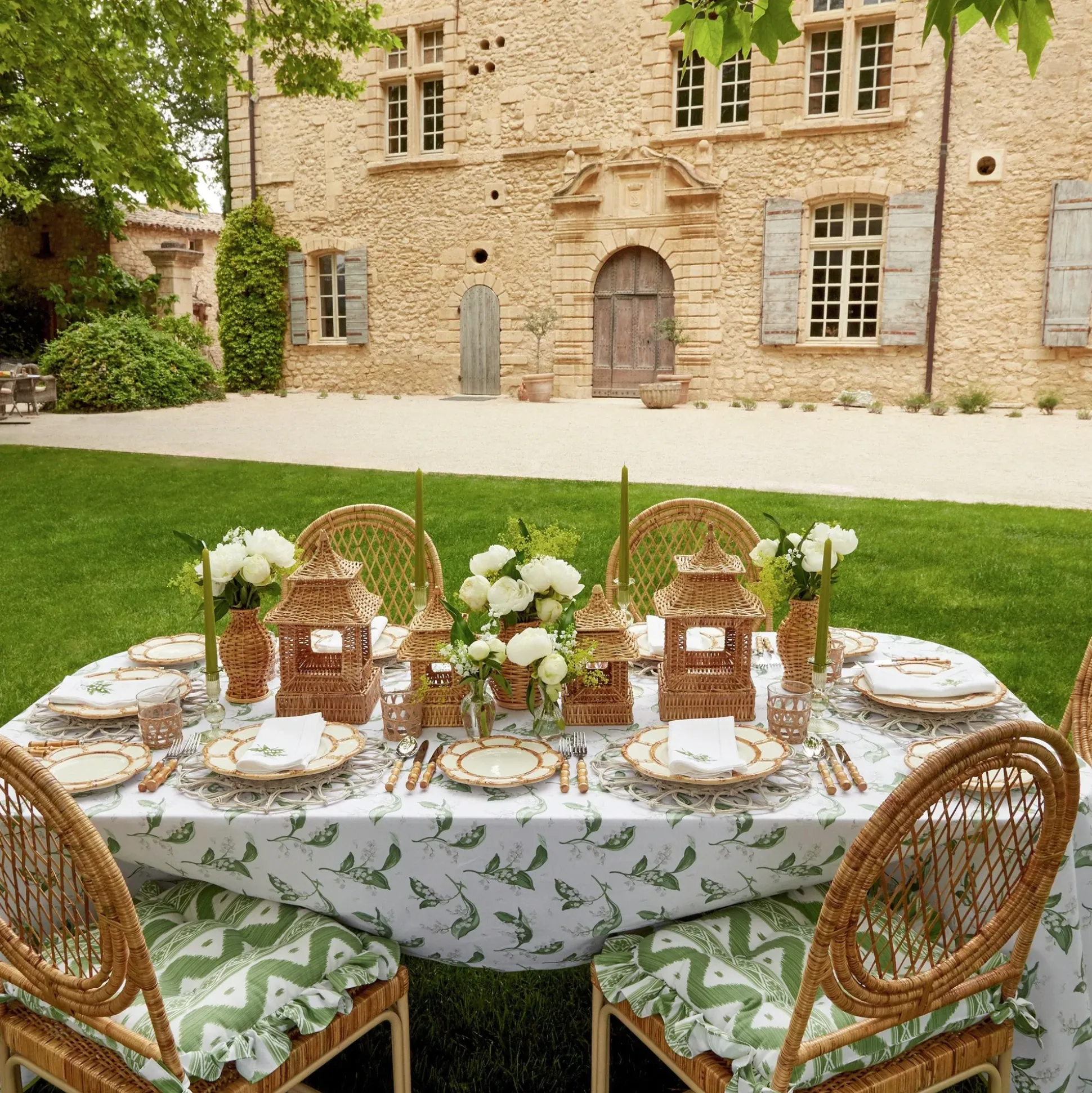 Frilled Green Ikat Seat Pad Cushion (Set Of 4)