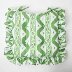 Frilled Green Ikat Seat Pad Cushion (Set Of 4)