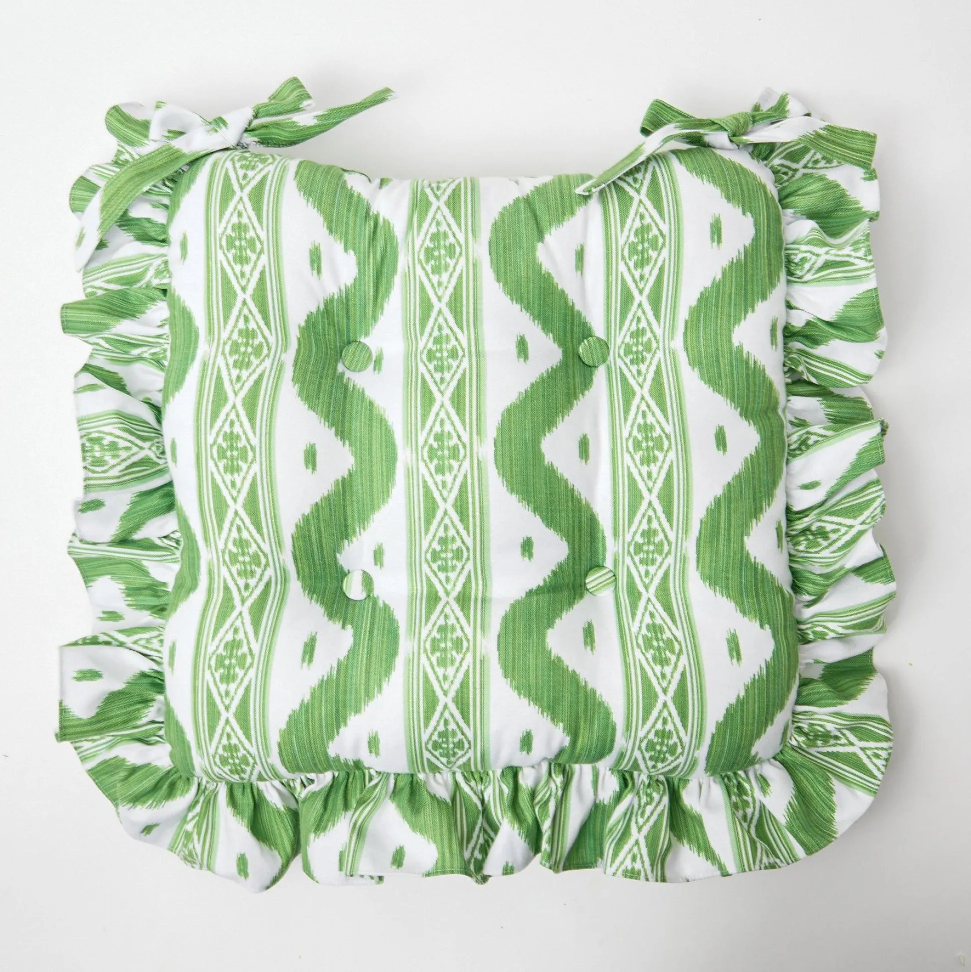 Frilled Green Ikat Seat Pad Cushion (Set Of 4)