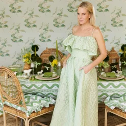 Frilled Green Ikat Seat Pad Cushion (Set Of 4)