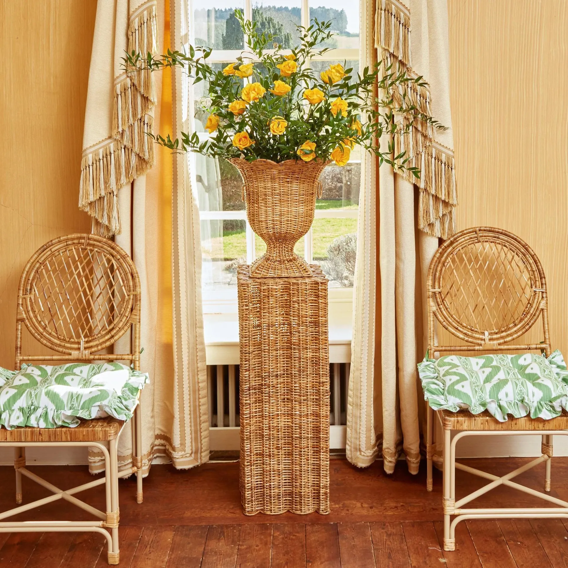 Frilled Green Ikat Seat Pad Cushion (Set Of 4)