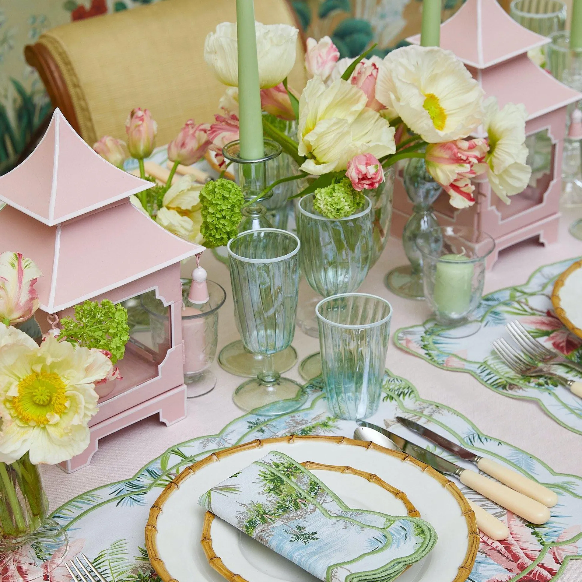 Green & White Rim Water Glasses (Set Of 4)