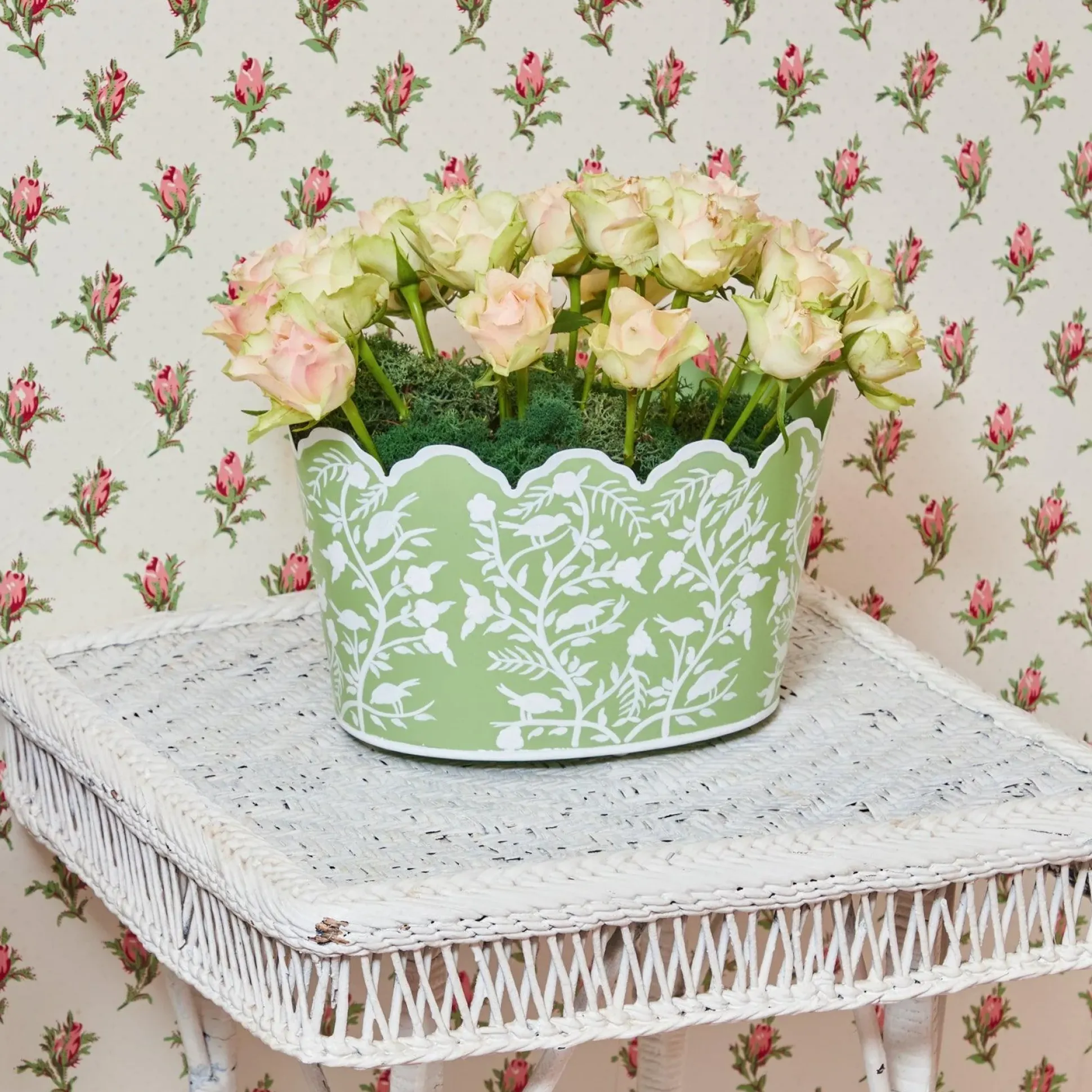 Green Floral Tole Scalloped Planter