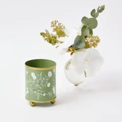 Hand Painted Olive Floral Tole Candle Pot