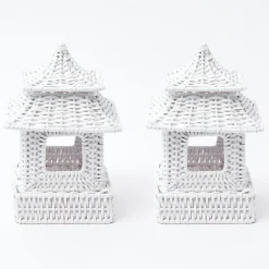 Mini White Rattan Pagoda Lanterns (Pair)