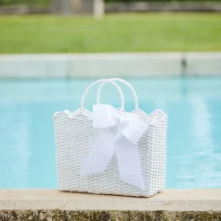 Mrs. Alice White Rattan Tote Bag (Blue Bow)