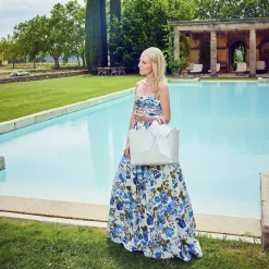 Mrs. Alice White Rattan Tote Bag (Blue Bow)