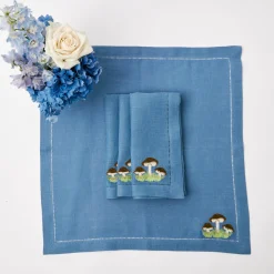 Mushroom Blue Linen Napkins (Set Of 4)