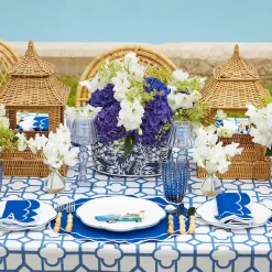 Navy Blue Floral Tole Scalloped Planter