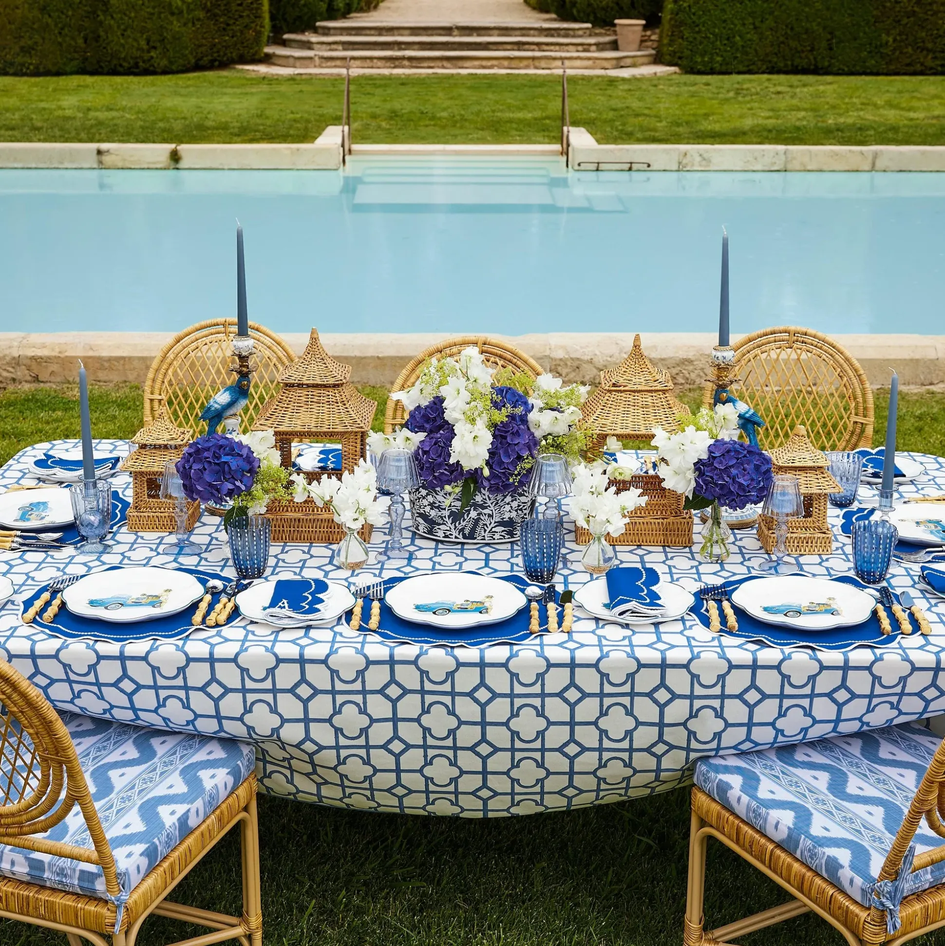 Navy Blue Floral Tole Scalloped Planter