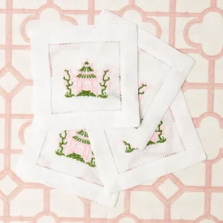 Pink & Green Pagoda Cocktail Napkins (Set Of 4)