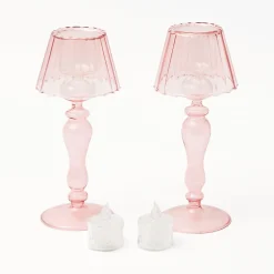 Pink Glass Lantern Tea Light Holder (Pair) - 24Cm