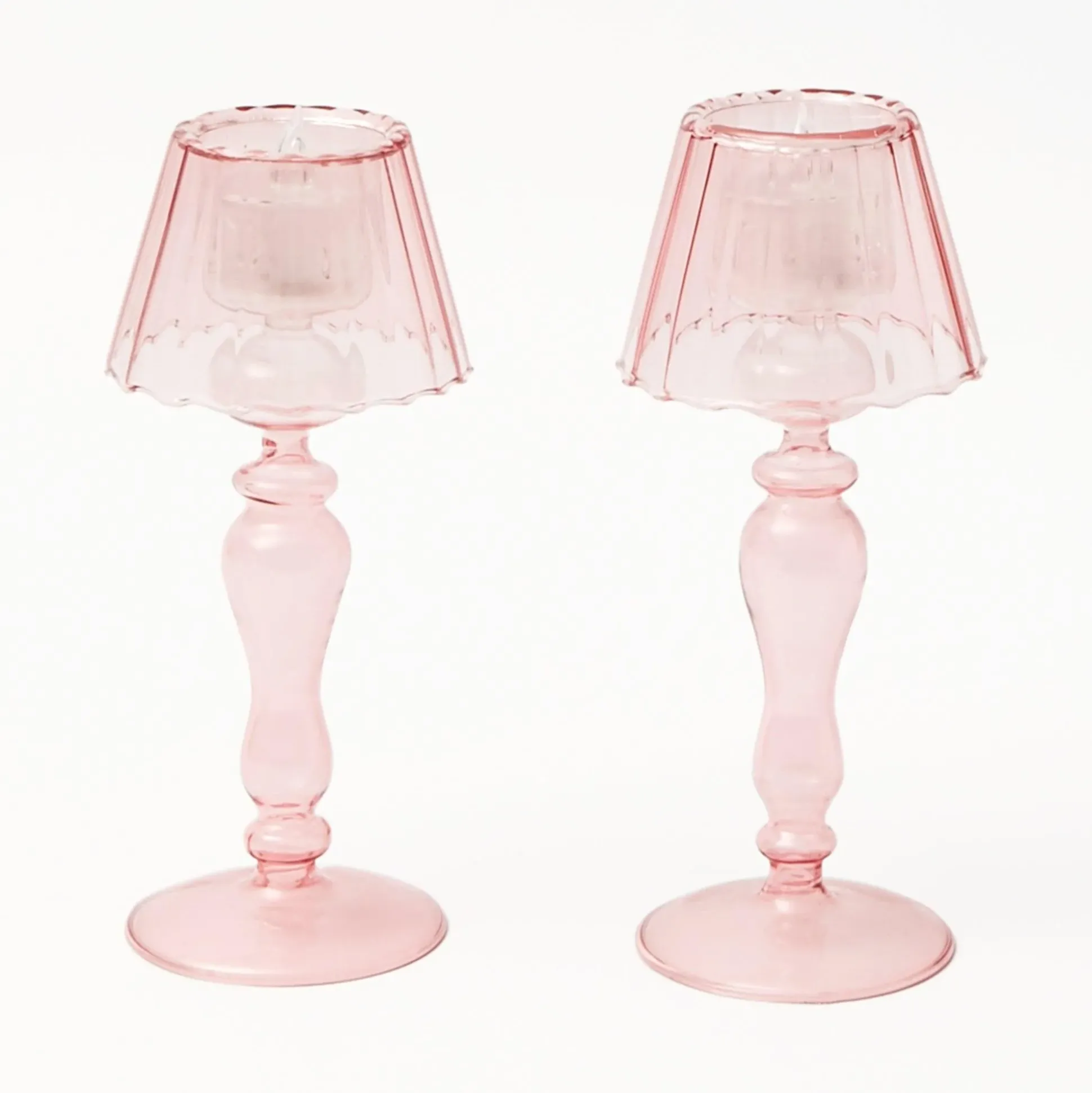 Pink Glass Lantern Tea Light Holder Set