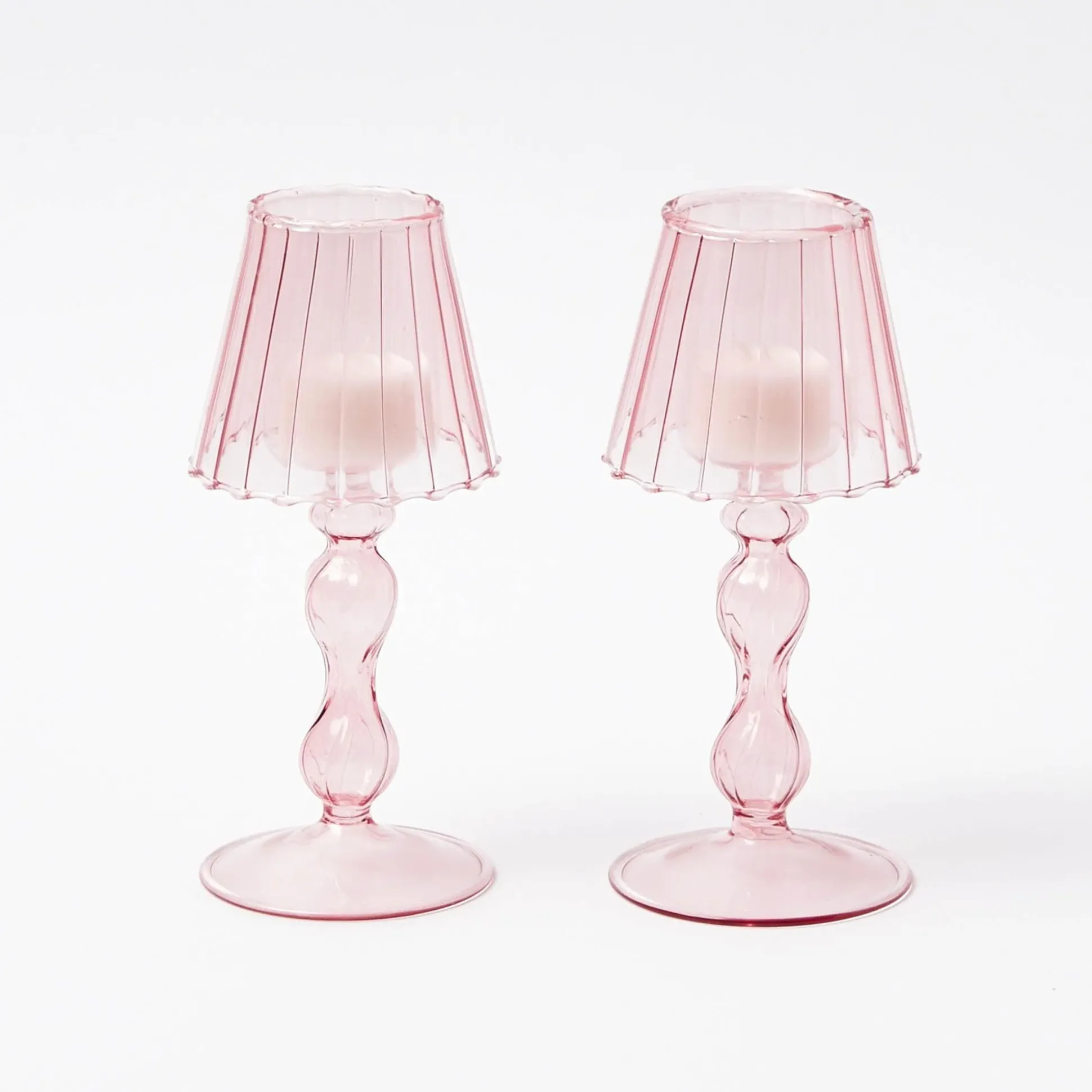 Pink Glass Lantern Tea Light Holder (Pair) - 18Cm