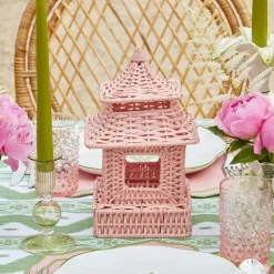Pink Rattan Pagoda Lantern Set