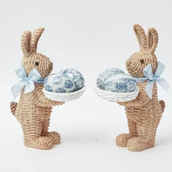 Rattan Blue Ribboned Rabbit With Basket (Pair)