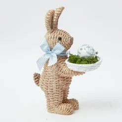 Rattan Blue Ribboned Rabbit With Basket (Pair)