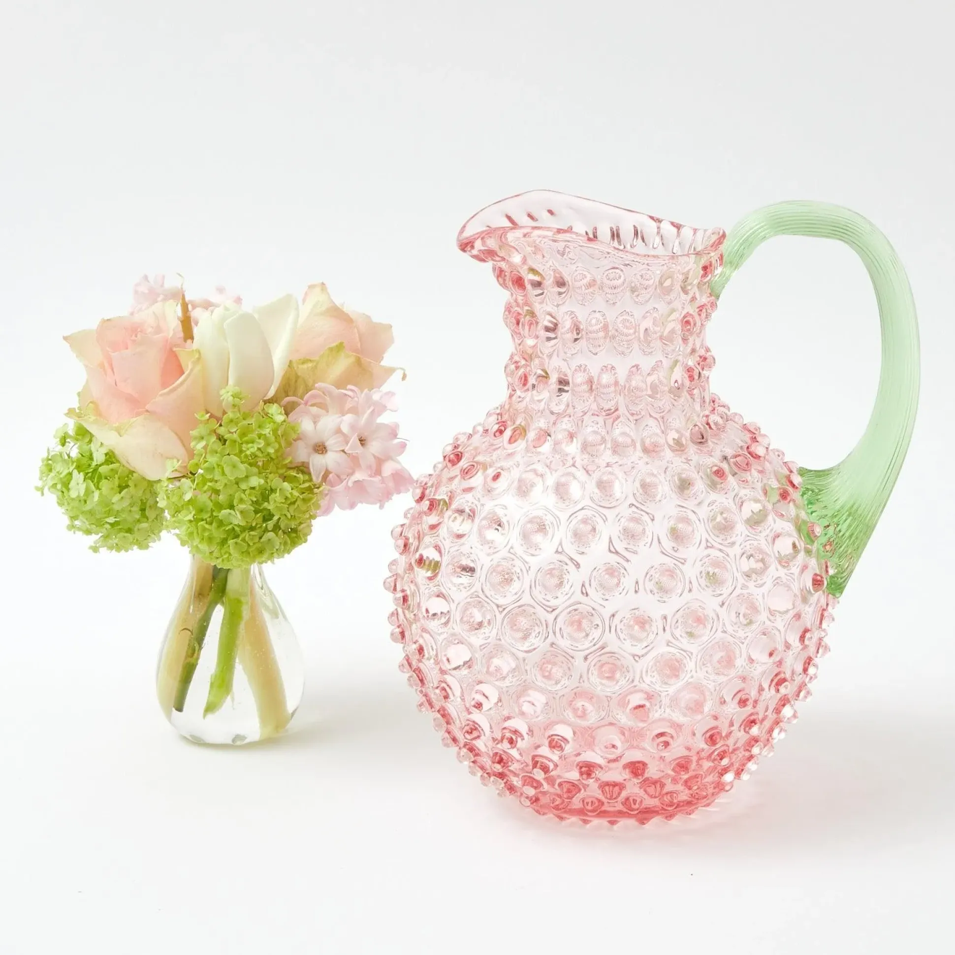 Rose Hobnail Jug With Emerald Handle & Glasses (Set Of 6)